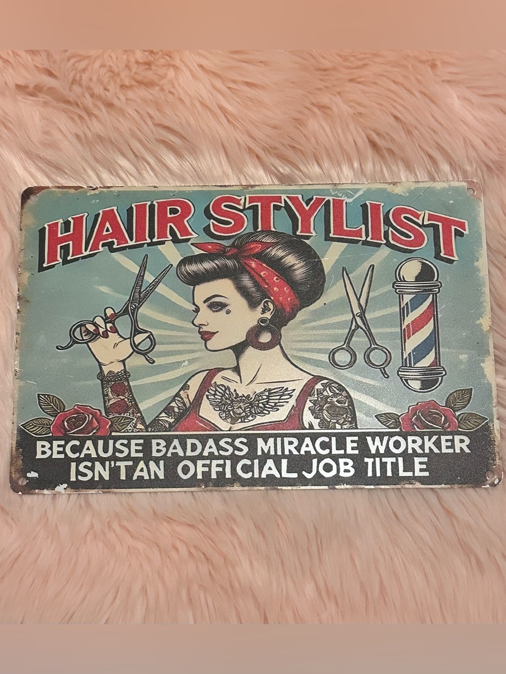 Hair Stylist Vintage Tin Sign - Teal, Red, Black